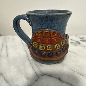 Handcrafted Blue Ceramic Mug with Colorful Turtle Design Mudworks pottery